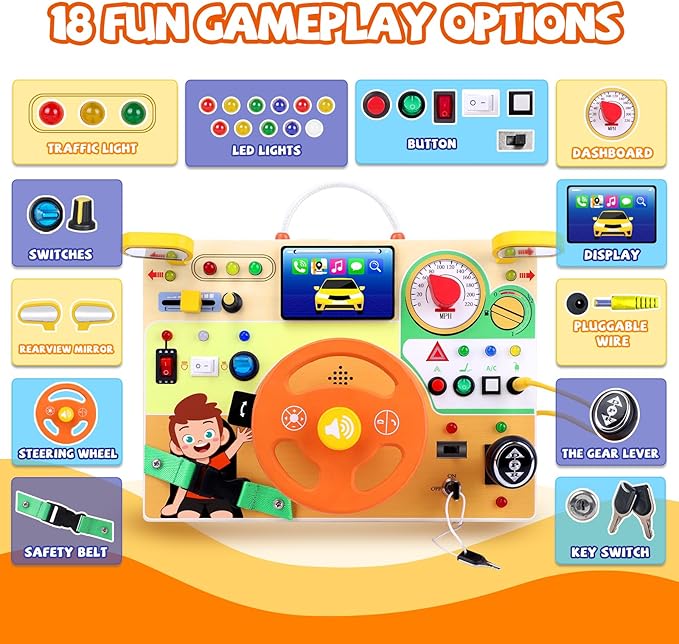 Busy Board,Montessori Toys for 1-3 Years Old, Wooden Toddler Toy, Autism Sensory Travel Toys, Ideal Gift for 1+ Year Old Boys (Busy Board v6)