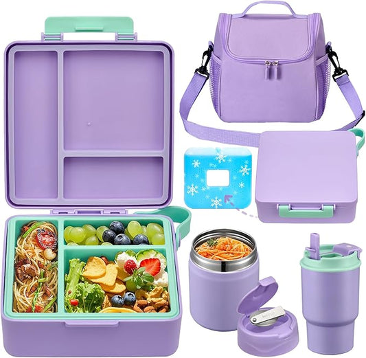 Bento Lunch Box for Kids with 17oz Soup Thermo,Insulated Tumbler Water Bottle and Insulated Lunch Bag,Leak-Proof 3 Compartment Lunch Food Container with with Ice Pack for Kids to School-Purple