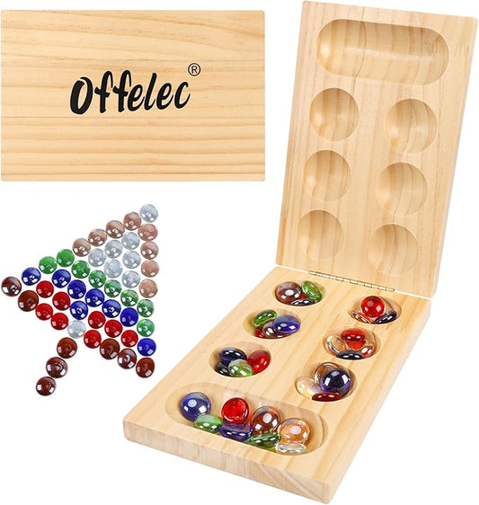 Mancala Board Game Set, Portable Travel Wooden Folding Set, Fun Table Games for Kids Adults Family Night, 48 Multi Color Glass Stones, Birthday, 2 Players Games