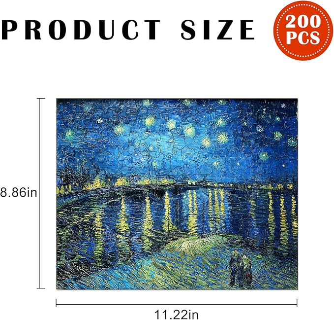 Wooden Jigsaw Puzzles, Wooden Puzzles for Adults, Starry Night Over The Rhone Unique Shape Wood Puzzles, 200 Pcs, Vincent Van Gogh Star Wall Art Decoration for Home