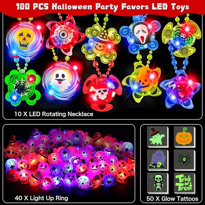 100 PCS Halloween Party Favors for Kids, Glow in The Dark Toys Bulk Halloween Light Up Rotating Necklaces LED Ring Temporary Tattoos Halloween Treats Classroom Prizes Goodie Bag Fillers Trick or Treat