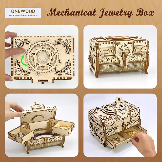 3D Wooden Puzzle for Adults Jewelry Box, DIY Mechanical Treasure Case, Decorative Jewelry Storage Kit, Vintage Laser Cut Model Craft, for Christmas, Birthday