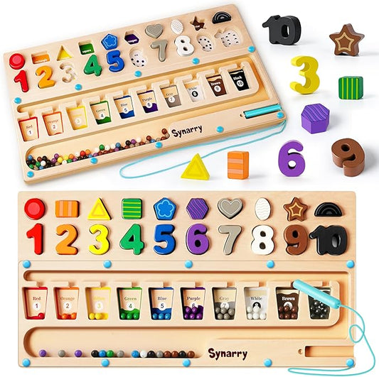 SYNARRY 3 in 1 Montessori Toys for 3+ Year Old, Educational Magnetic Color and Number Maze, Shape & Number Wooden Puzzle Counting Learning Toys for Toddlers 3-5 Years, Preschool Learning Activities
