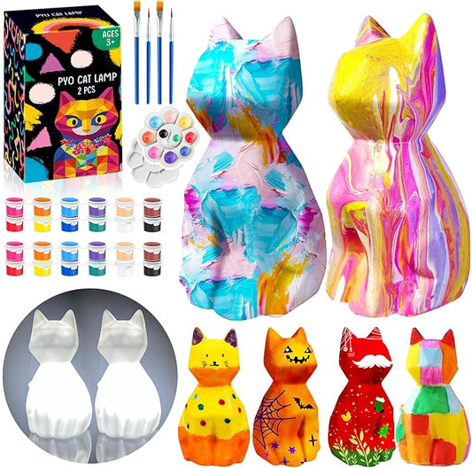 FUNZBO 2pcs Paint Your Own Cat Lamp - Arts and Crafts Supplies Kitten Painting Kits for Kids Teens Adults, DIY Night Light Toy for Toddlers Girls Boys Ages 3 4 5 6 7 8 9 10 11 12 13 + Birthday Gifts