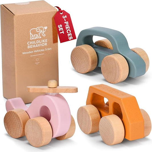 CHILDLIKE BEHAVIOR Wooden Cars for Toddlers 1-3 - Wood Push Truck Vehicle - Montessori Car Toys - Wooden Rattle Teething Toys - Colorful Wood Cars for Kids, Boys, & Girls (Set of 3)