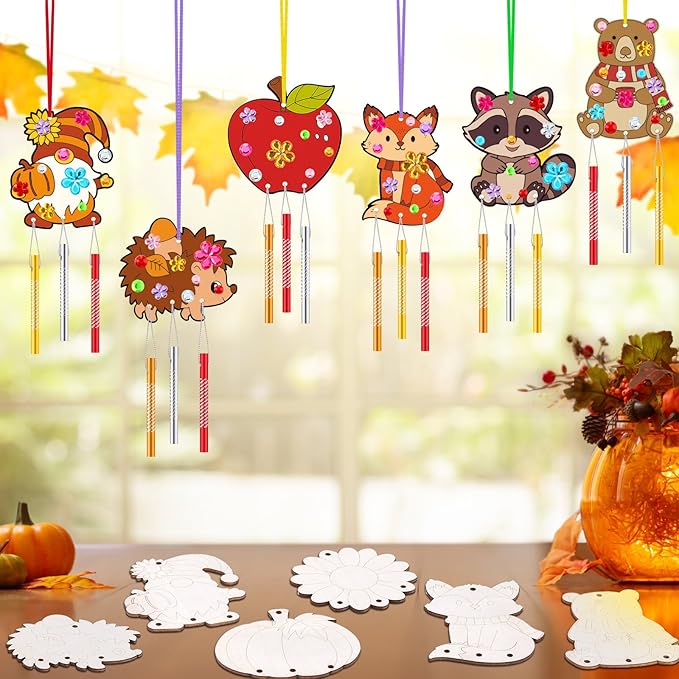 JellyArch 30 Pack Fall Wind Chime Making Kit for Kids Adult DIY Wooden Pumpkin Leaf Animal Crafts for Thanksgiving Halloween Classroom Activity Birthday Party Decoration Gift