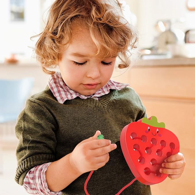 Wooden Lacing Threading Toys Fine Motor Skill Toys for 3 Year Old Educational and Learning Montessori Toddler Travel Toy 1 Strawberry and 1 Dog