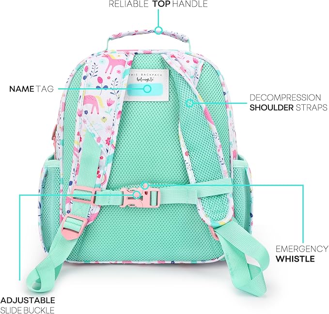 mibasies Toddler Backpack for Girls 2-4: Cute Kids Backpacks for Girls - Preschool Kindergarten Backpack - Unicorn Garden Turquoise