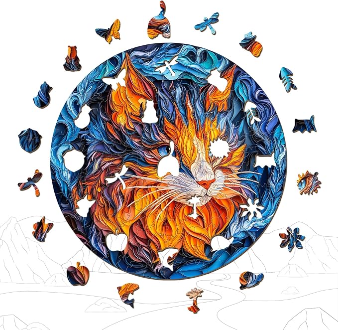 Wooden Puzzles for Adults - Flame Cat Wood Puzzles Adult - Unique Animal Shape Wooden Jigsaw Puzzles for Adults - Birthday Gifts for Puzzle Lovers, Family (11.4 * 11.3in)