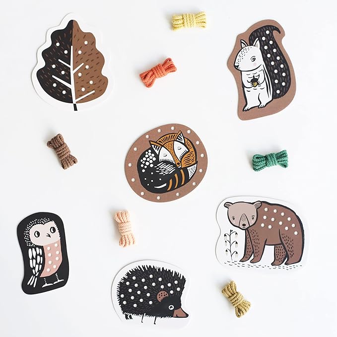Wee Gallery Woodland Lacing Cards, Sewing Board and Travel Game for Toddlers and Preschoolers, Fine Motor Skills Toy, Montessori-Inspired Educational Kids Craft Activity for Ages 3+
