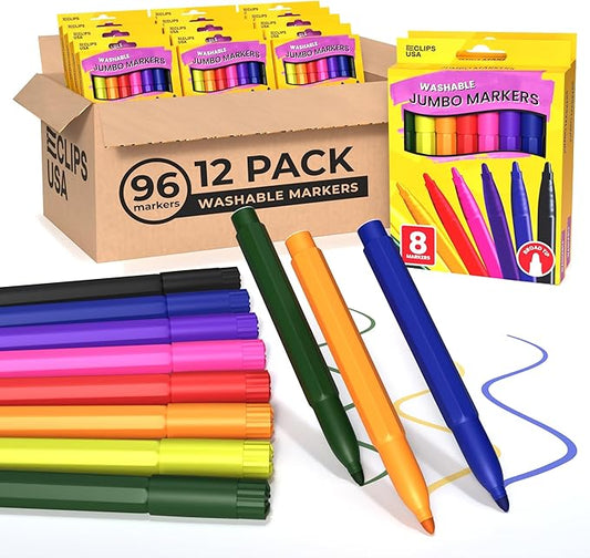E-CLIPS USA Jumbo Markers For Kids, Colored Markers For School, Washable markers Bulk Classroom, Broad Tip, 8 Per Box (12 Pack)