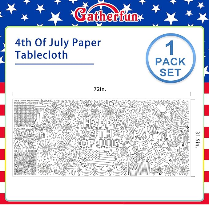 Gatherfun 4th of July Coloring Tablecloth | Patriotic Giant Poster 31.5x72 | Ideal for Independence Day Decor & Activities | American Flag-Themed for Classroom Wall or School Party Table Cover