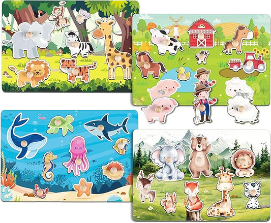 4 Pack Wooden Peg Puzzle, Farm Safari Sea Animals Puzzle Set Fine Motor Skill Learning Toys Montessori Educational Learning Puzzles Animal Puzzles Board for Kids Boys Girls Birthday Gifts