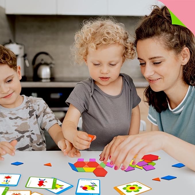 155 PCS Wooden Pattern Blocks Set, 24 Double-Sided Design Cards(48 Patterns) Geometric Shape Puzzle Fun Tangram Montessori Learning Toys for Kids Ages 4-8 (A Storage Bag & A Gift Box)