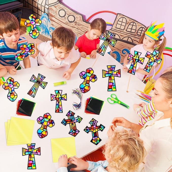 EggSun 36 Sets Cross Suncatchers Craft Kit for Kids Ornaments Stained Glass Window Arts and Crafts Kit for Sunday School Holiday Birthday Supplies Home Christian Decorations Ages 4 8 12