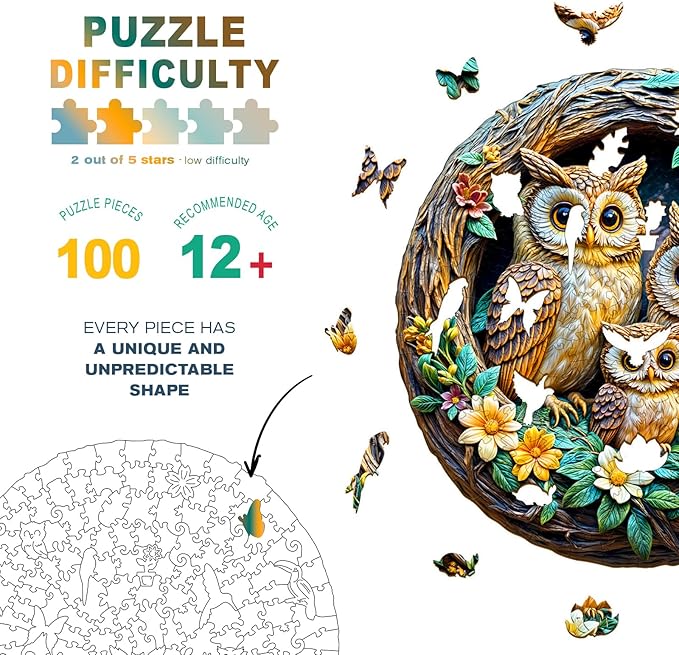Wooden Puzzles for Adults - Owl Family Wooden Jigsaw Puzzle - Unique Shape 3D Vision Wood Puzzles Adult - Christmas Birthday Gifts for Adults/Friends/Family - 100pcs 8.5 * 8.3in