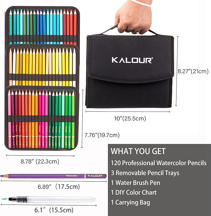KALOUR Premium Watercolor Pencils, Set of 120 Colors,with Water Brush Pen,Portable Nylon Case,Numbered and Lightfastness,Water-soluble Colored Pencils for Adult Coloring,Water Color for Beginner Kids