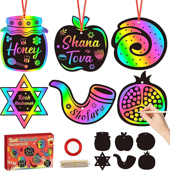 CY2SIDE 60PCS Rosh Hashanah Jewish New Year Scratch Card Gift Set for Kid, DIY Shana Tova Scratch Paper Art for Kids School Activity, Magic Art Rainbow Color Craft for Kids Jewish New Year Party Favor