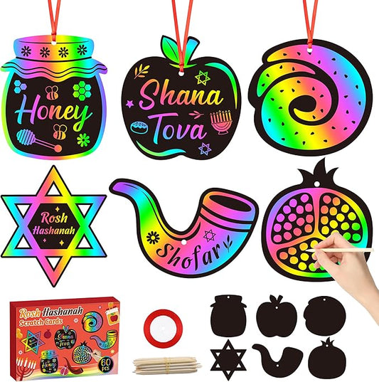 CY2SIDE 60PCS Rosh Hashanah Jewish New Year Scratch Card Gift Set for Kid, DIY Shana Tova Scratch Paper Art for Kids School Activity, Magic Art Rainbow Color Craft for Kids Jewish New Year Party Favor