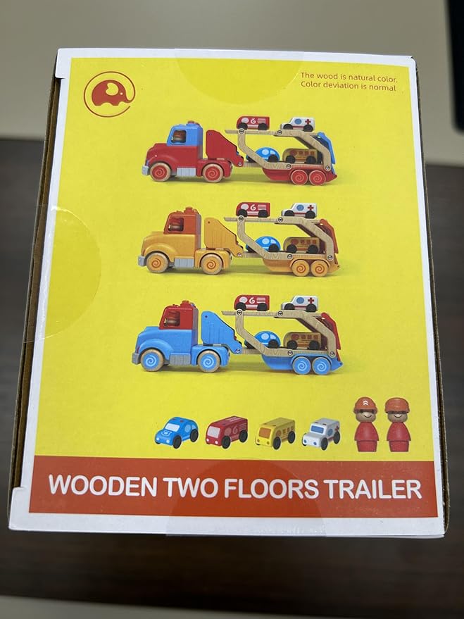 Toddler Car Toys for 2 3 4 5 Years Old Kids, Transport Carrier Truck Toy with 4 Wooden Vehicle, 24IN Foldable Track Trailer with Light & Sound Effects, Best Gift Choice for Christmas, Birthday