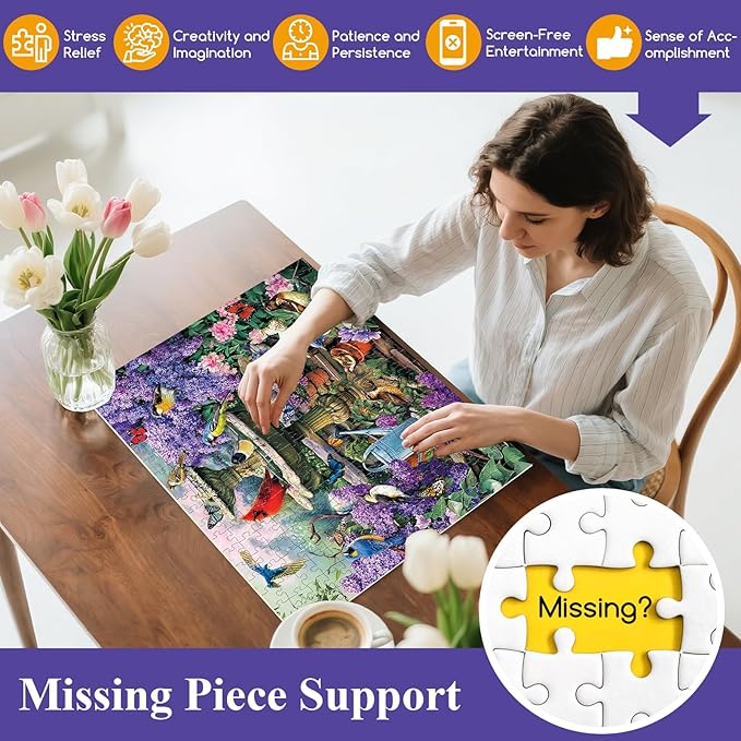 300 Piece Puzzles for Adults, Garden Birds Bath Puzzle for Adults Kids Seniors,Large Piece Fountain Garden Puzzle for Kids Ages 8-10 10-12,Nature Flower Birds Puzzles Perfect for Game Night,20.5x15 in