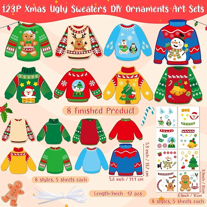 EZdhuawuse Christmas Ugly Sweaters Craft Kits - 123P Christmas Sweaters DIY Sticker Ornaments for Kids, Make Your Own Xmas Clothes Paper Crafts, DIY Hanging Ornaments Kits for School Home Activities