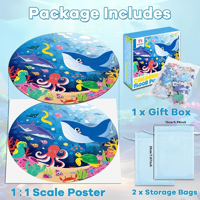 Puzzles for Kids Ages 4-8, 71 Piece Jumbo Large Underwater Ocean Floor Puzzle Sea Animals Shark Round Puzzles for Toddler Children 3-5 Educational Learning Toys for Boys Girls Birthday