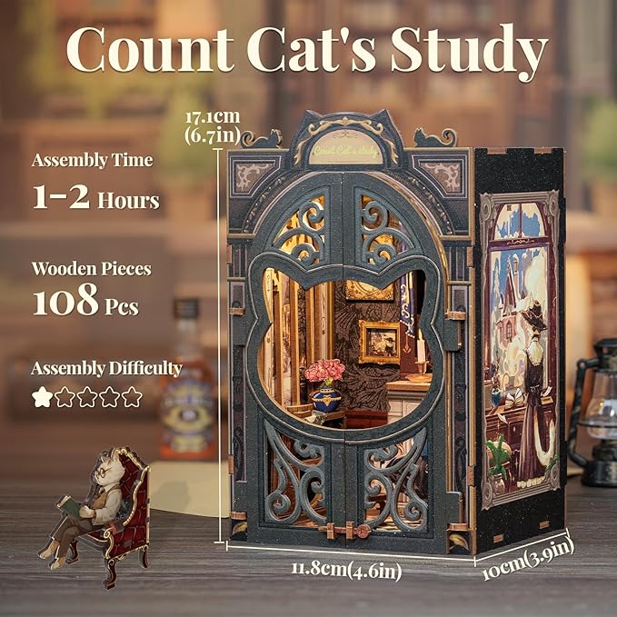 CUTEBEE DIY Book Nook Kit, Miniature House Kits for Adult and Teens, DIY Miniature Book Nook kit with Sensor Led Light, Gifts for Lovers and Family (Count Cat's Study)