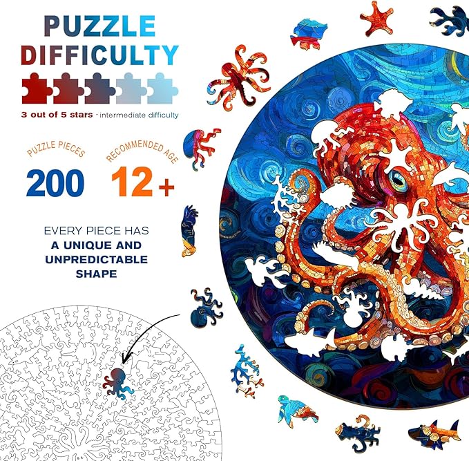 Wooden Puzzles for Adults - Deep-Sea Octopus Wooden Jigsaw Puzzle - Unique Animal Shaped Wood Puzzles Adult - Christmas Birthday Gifts for Adults/Friends/Family - 200pcs 11.4 * 11.4in