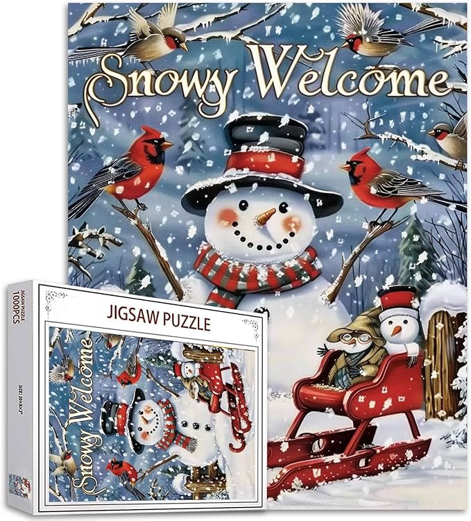 Merry Christmas Puzzles 1000 Pieces for Adults, Families (Snowman,Birds,Forest,Snow Car) Pieces Fit Together Perfectly 19.7''x27.6''inch Winter LandscapeMagic Puzzle Art Boho Gift（Colorful）