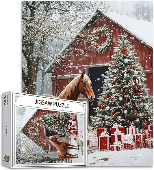 Red Wooden House1000 Piece Jigsaw Puzzles for Adults Christmas Trees Painting Jigsaw Puzzle Animal Horse 1000 Pieces Puzzles Game Home Wall Decor DIY Craft Winter Forest Puzzle Art Gift Box(Red)
