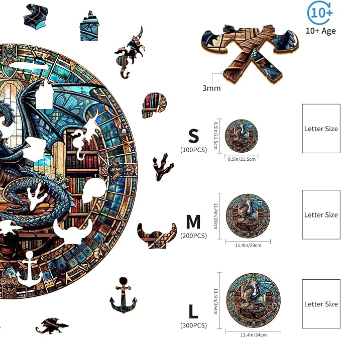 KAAYEE Wooden Puzzles for Adults-Dragon Library Wooden Jigsaw Puzzle Unique Shape Wooden Puzzle Wood Puzzle for Adults,Family Puzzles for Aduls (M-11.4 * 11.4in-200pcs)