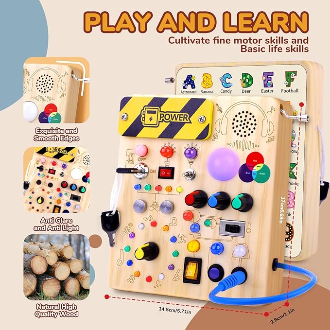 Busy Board,Montessori Toys for 1-3 Year Old Boys & Girls,Travel Educational Learning Activities for Toddlers,Sensory Toy for Kids with Autism (Busy Board v5)