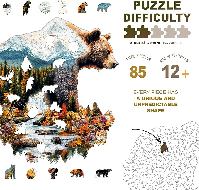 Wooden Puzzles for Adults - Bear and Nature Wooden Jigsaw Puzzle - Unique Animal Shaped Wood Puzzles Adult - Christmas Birthday Gifts for Adults/Friends/Family - 85pcs 8.4 * 8.5in