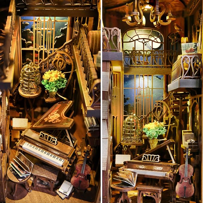 MiniCity DIY Book Nook Kit for Adults, 3D Wooden Puzzle Bookend Bookshelf Insert Decor with LED Light and Dust Cover (Pianist with Nightingale)