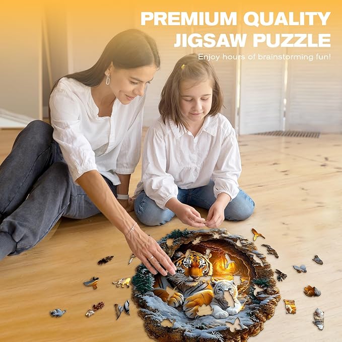 Wooden Puzzles for Adults - Tiger Family Wooden Jigsaw Puzzle - Unique Shape 3D Vision Wood Puzzles Adult - Christmas Birthday Gifts for Adults/Friends/Family - 200pcs 11.4 * 11.3in