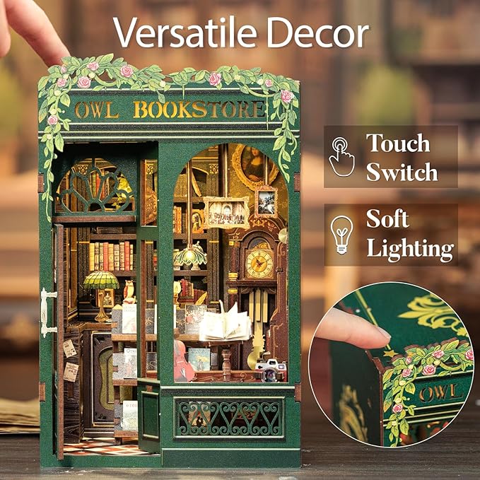 Cutefun Book Nook Kit - DIY Miniature House Kit for Bookshelf Decor, Book Nook Kits for Adults & Beginners, 3D Wooden Puzzle Dollhouse, Ideal Gift for Family and Friends (OWL Bookstore)
