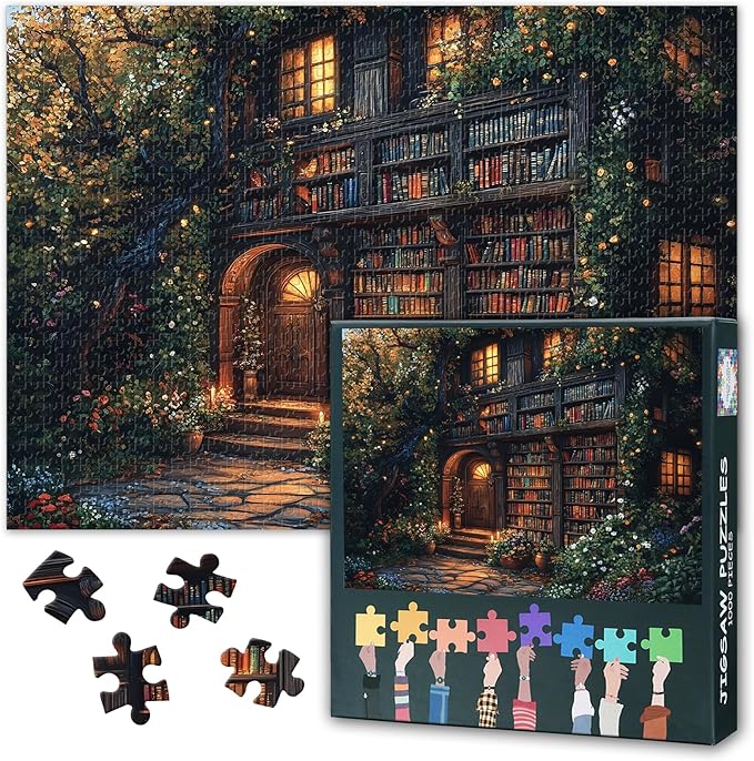 Vintage Bookstore Puzzles for Adults 1000 Pieces - Jigsaw Puzzles Books Art, 27.5x19.7 Inch Library and Flower Garden Hard Challenging Puzzle Family Game for Men & Women (Home Decor Gift)