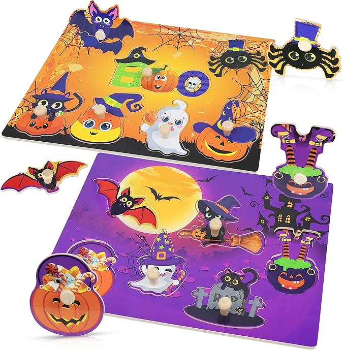2Pcs Halloween Wooden Peg Puzzles, Halloween Toys for Toddlers Educational Puzzle Kids Hallow EEN Party Favors Basket Stuffers Fillers Favors Hallow EEN Treats Non Candy Goodies for Boys Girls