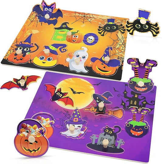 2Pcs Halloween Wooden Peg Puzzles, Halloween Toys for Toddlers Educational Puzzle Kids Hallow EEN Party Favors Basket Stuffers Fillers Favors Hallow EEN Treats Non Candy Goodies for Boys Girls