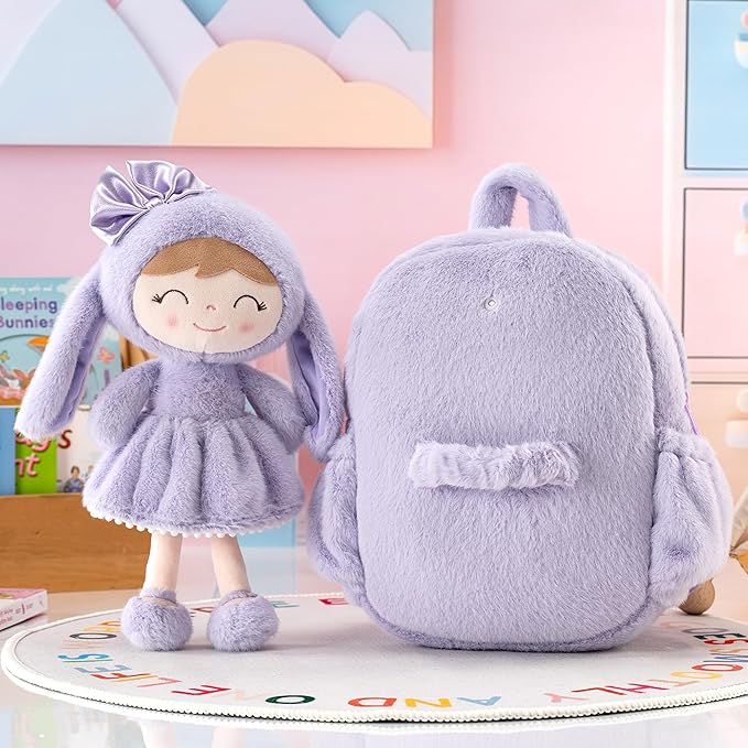 Gloveleya Back to School Gifts for Girls Bunny Toddler Backpack Plush Bag Baby Gift for Girl 2+ Years Old with Detachable Purple Rabbit Doll 11 Inches