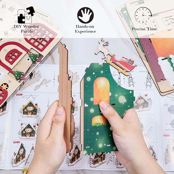 3D Wooden Puzzles for Adults - Christmas Snow House Puzzles, Clock 3D Mechanical Wood Model Kit, Good Gifts Idea for Family and Friends, DIY Model Kits for Home Decor