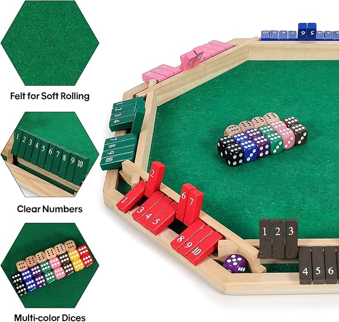 Vamslove Upgraded 2-8 Players Shut The Box Dice Game-Colorful 8-Way Wooden Board Table Math Game with 16 +6 Dices - Close The Box for Kids, Adults Families Party Club (Instruction Included)