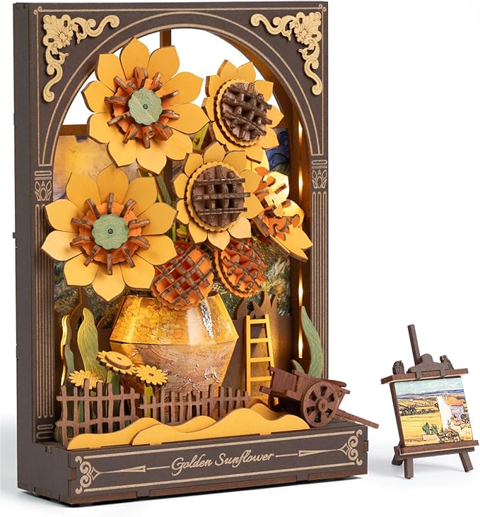 rowood Sunflower 3D Puzzle Building Set with LED,DIY Vincent Van Gogh Painting Artwork Craft Kits for Adults,Home Decor Botanical Collection Gift for Teens Kids on Christmas