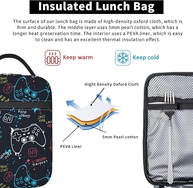 Video Game Controller Reusable Lunch Box Food Bag Insulated Lunch Bag for Teenage Boys Girls School Beach