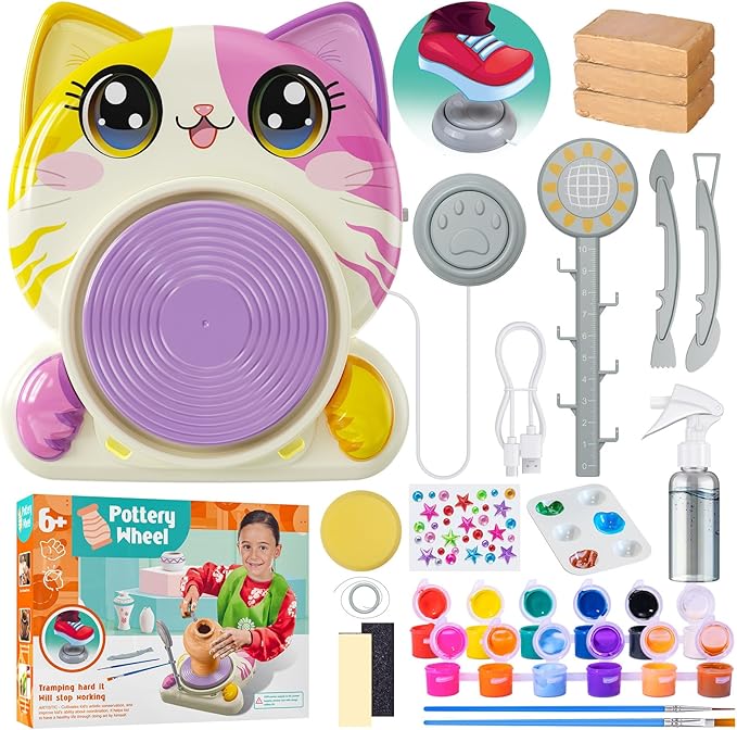 Roaxkois Pottery Wheel for Kids – Complete DIY Arts & Crafts Painting Kit with Air Dry Clay, Paints, Tools, Apron & Stickers – Creative Gift for Girls & Boys Ages 6 7 8 9 10 11 12+