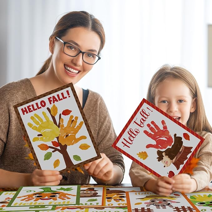 Cinrobiye 24 Sets Fall Handprint Craft Kits Bulk Autumn Hand Print Craft DIY Greeting Cards Kit with Stickers Painting Ink for Home School Classroom Art Project Thanksgiving Party Favor Supplies Gift