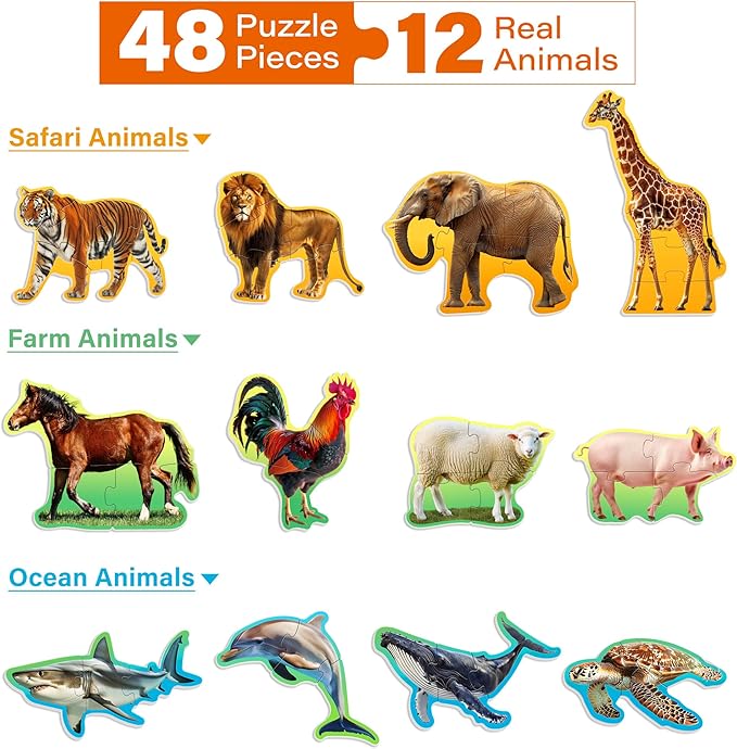 BenBen Puzzles for Toddlers 2-4,12 Animal Puzzles, 3 Levels Step-by-Step Color-Coded Jigsaw Puzzles, 48 Pieces Total, Educational Montessori Toys for Preschool Girls Boys