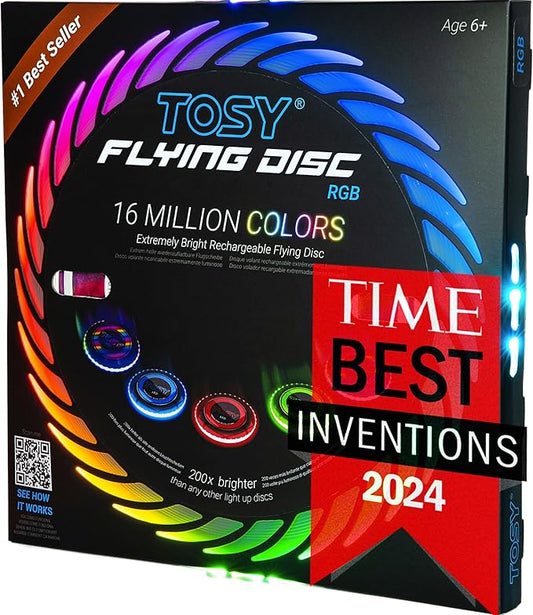 TOSY Flying Disc - 16 Million Colors RGB or 36 LEDs, Extremely Bright, Smart Modes, Camping Essentials for Teens/Kids/Adults/Men/Boys/Girls, Auto Light Up, Rechargeable, Waterproof, 175g