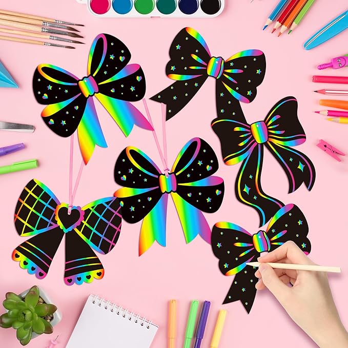 CY2SIDE Coquette Bow Scratch Cards - 60PCS DIY Bow Scratch Paper Craft for Kid, Funny Girl Coquette Knot Color Scrape Art Card, Magic Arty Rainbow Color Craft Ornament for School Classroom Art Project